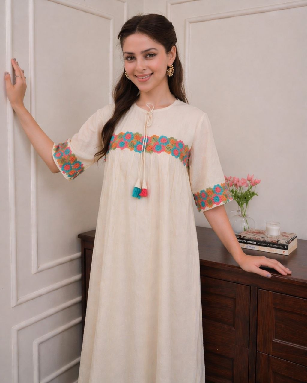 NAINARA Women’s Off-White Floral Embroidered Cotton Kurti with Ankle-Length Pant Set