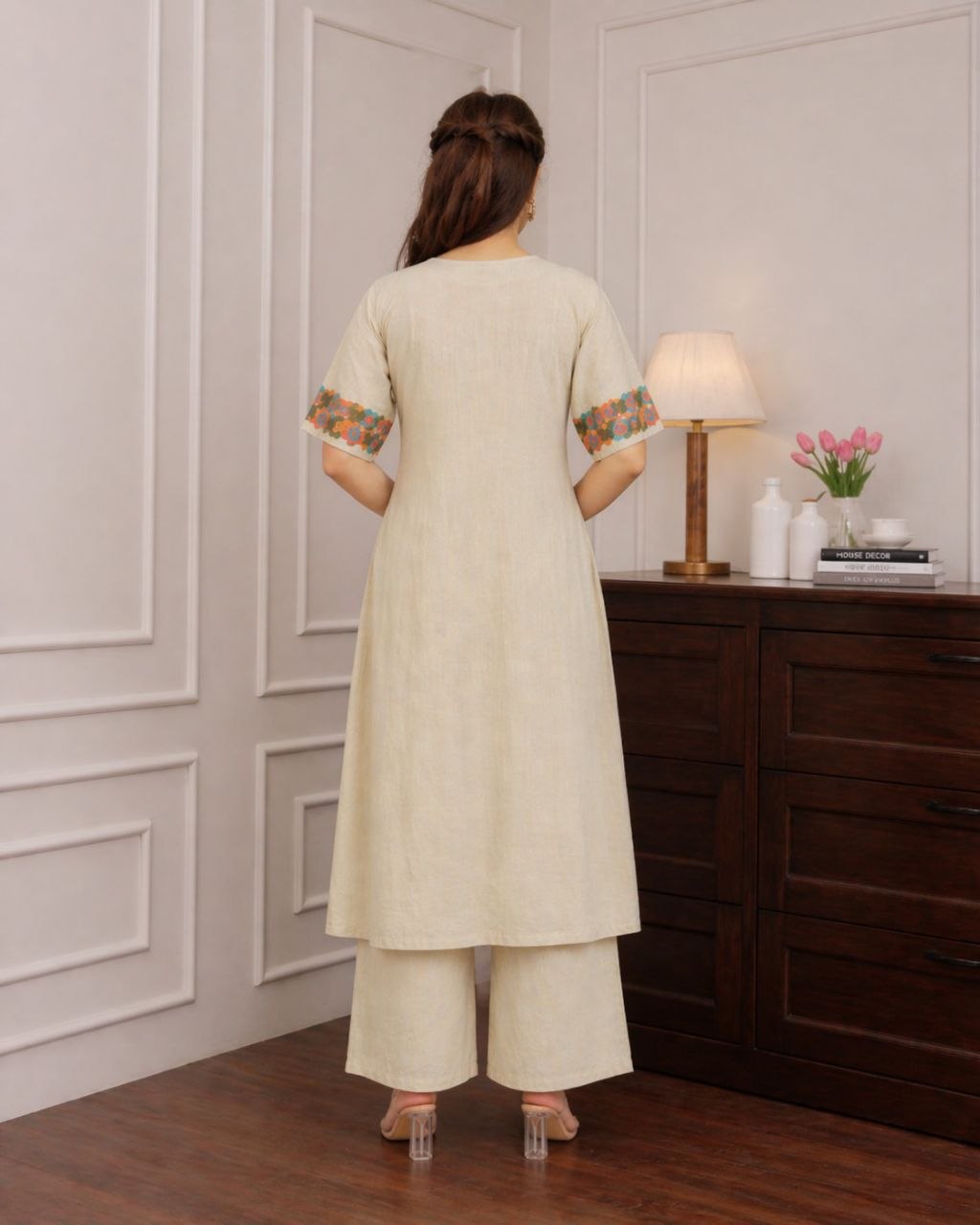 NAINARA Women’s Off-White Floral Embroidered Cotton Kurti with Ankle-Length Pant Set