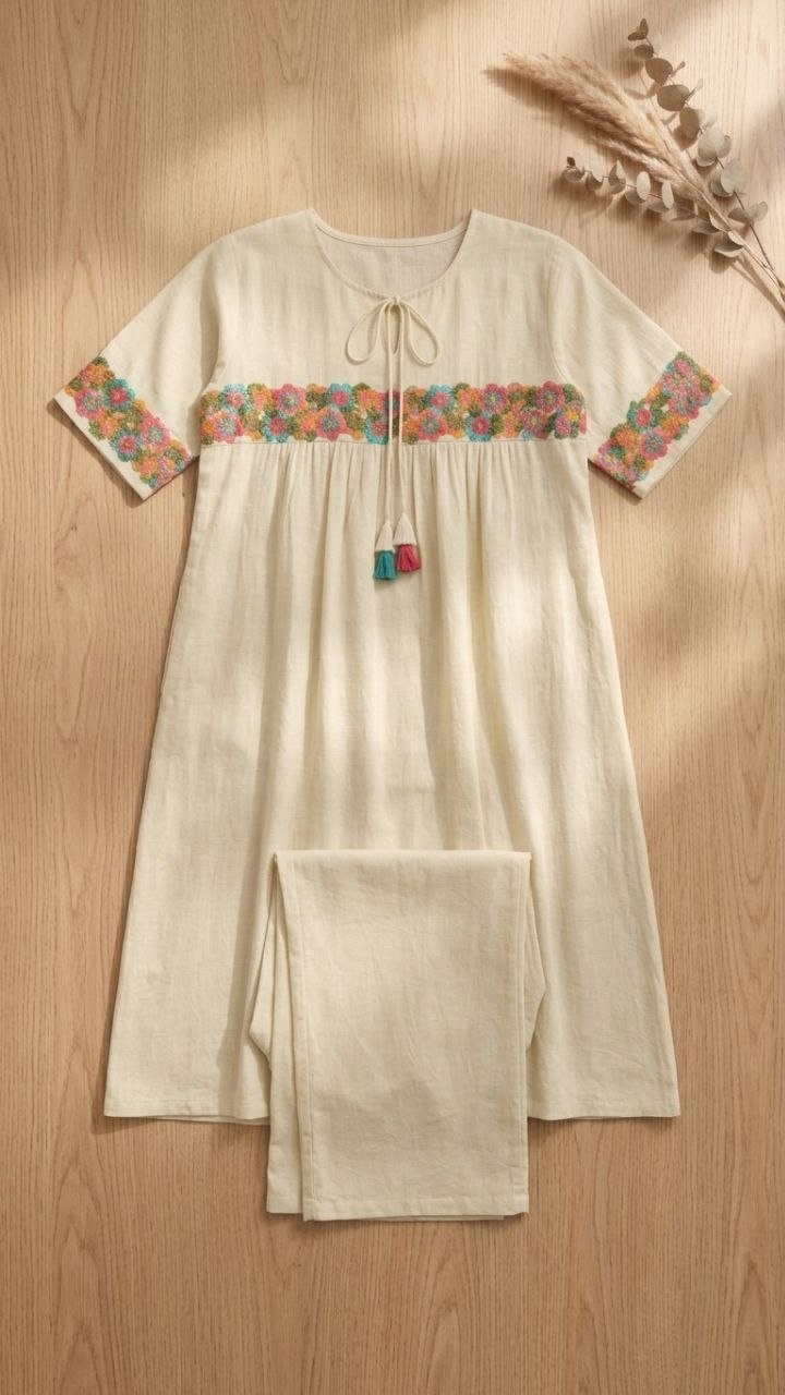 NAINARA Women’s Off-White Floral Embroidered Cotton Kurti with Ankle-Length Pant Set
