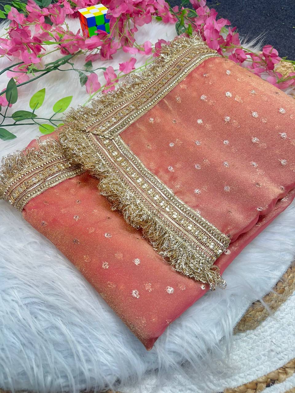 NAINARA Women's Designer Dusty Pink Jimmy Choo Saree with Unstitched Blouse | Wedding, Party & Festive Wear