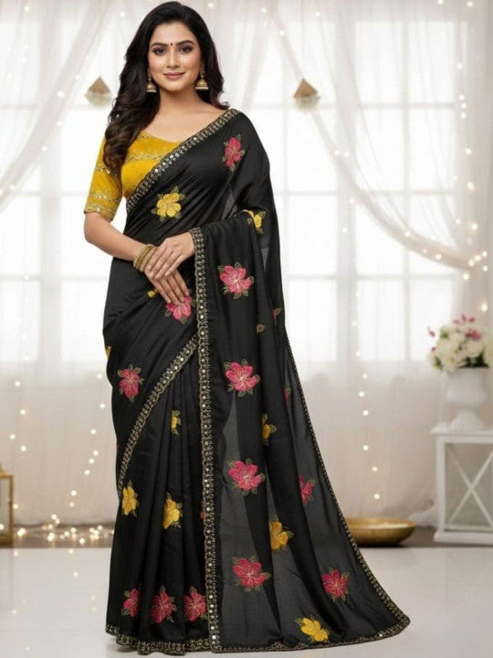 NAINARA Women's Designer Black Fendy Satin Floral Embroidered Saree with Unstitched Blouse | Party Wear & Festive Saree (Copy)