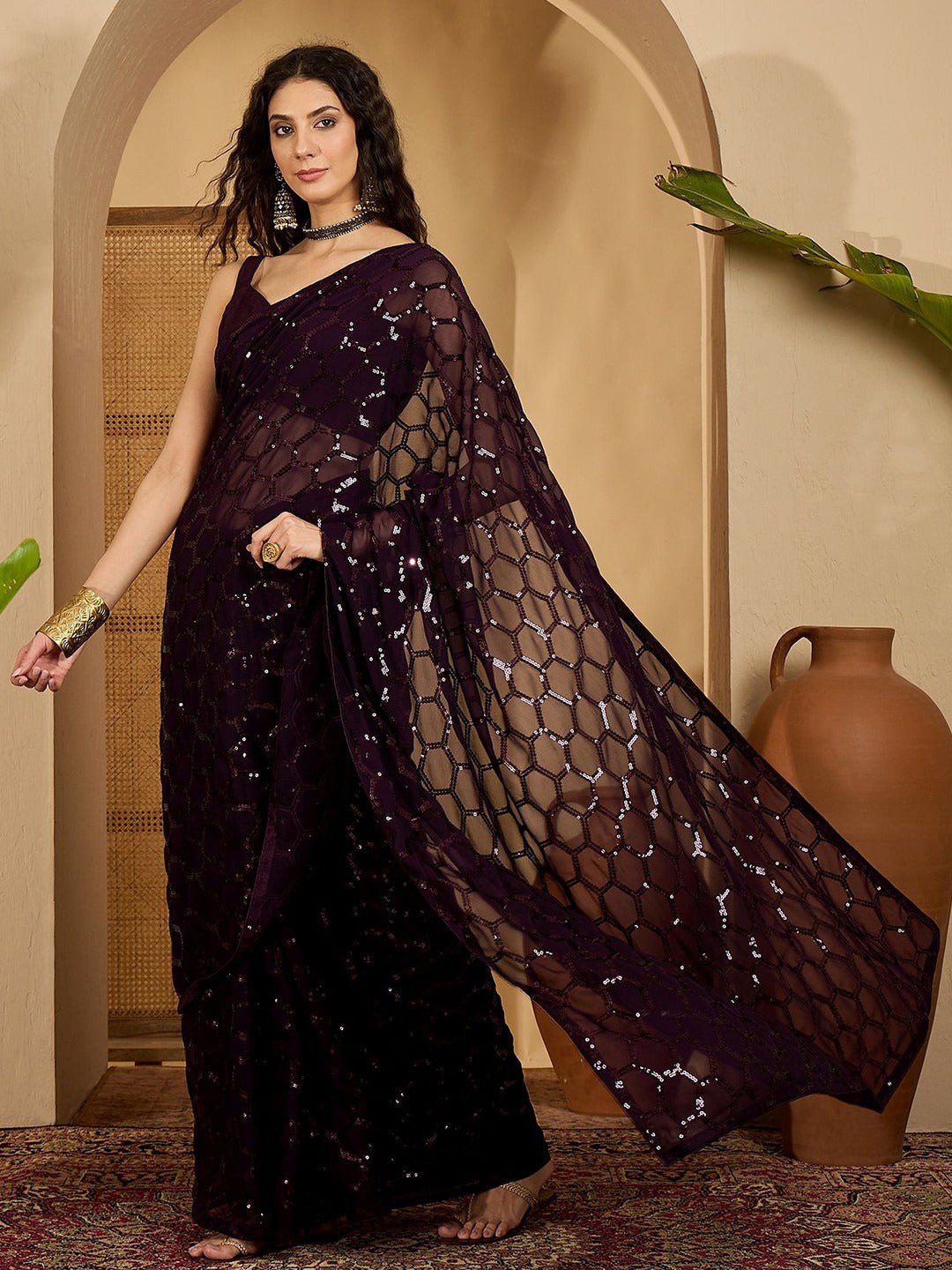 NAINARA Wine Sequins Work Georgette Saree with Honeycomb Design and Unstitched Blouse Piece