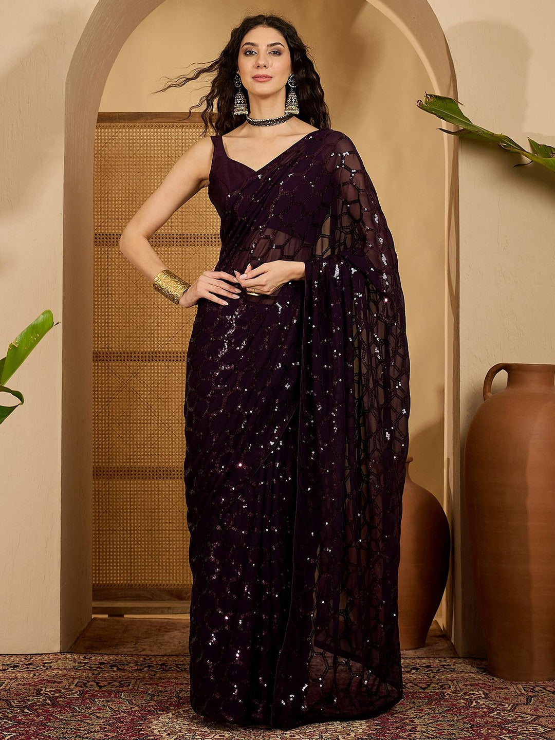 NAINARA Wine Sequins Work Georgette Saree with Honeycomb Design and Unstitched Blouse Piece